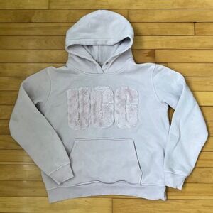UGG RTW Womens Fleece Hoodie Pale Lavender Faux Fur Logo Sweatshirt Size L
